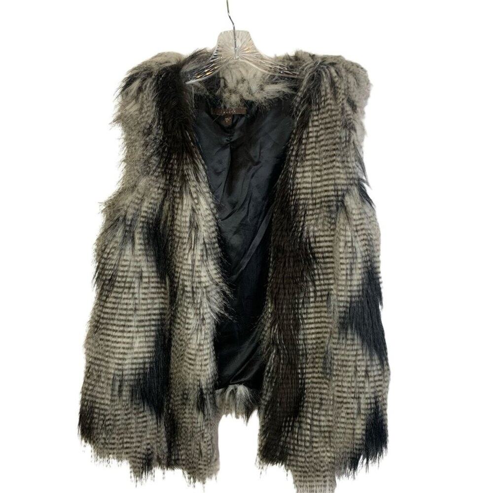 Fever Y2K Womens Large Faux Fur Vest Hip Length Silky Lined Animal Print Style